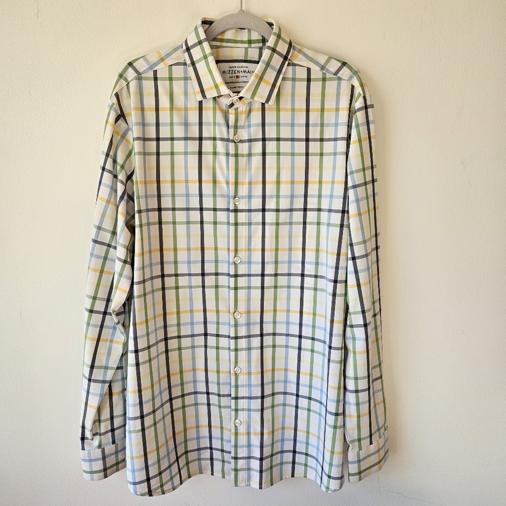Mizzen + Main Leeward Dress Shirt - XL Blue Yellow Greeb Plaid